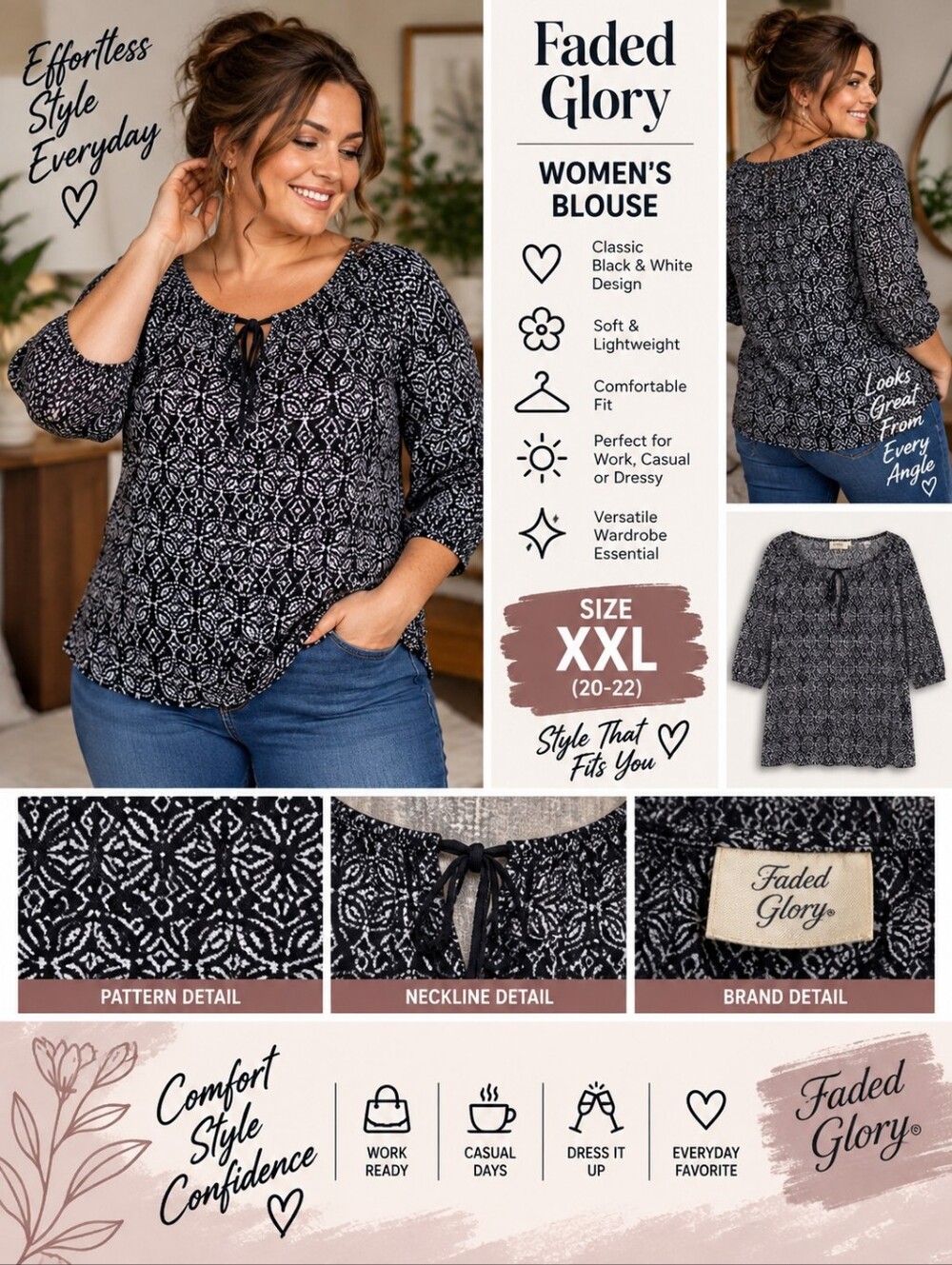 Faded glory Women's XXL black design Blouse #36